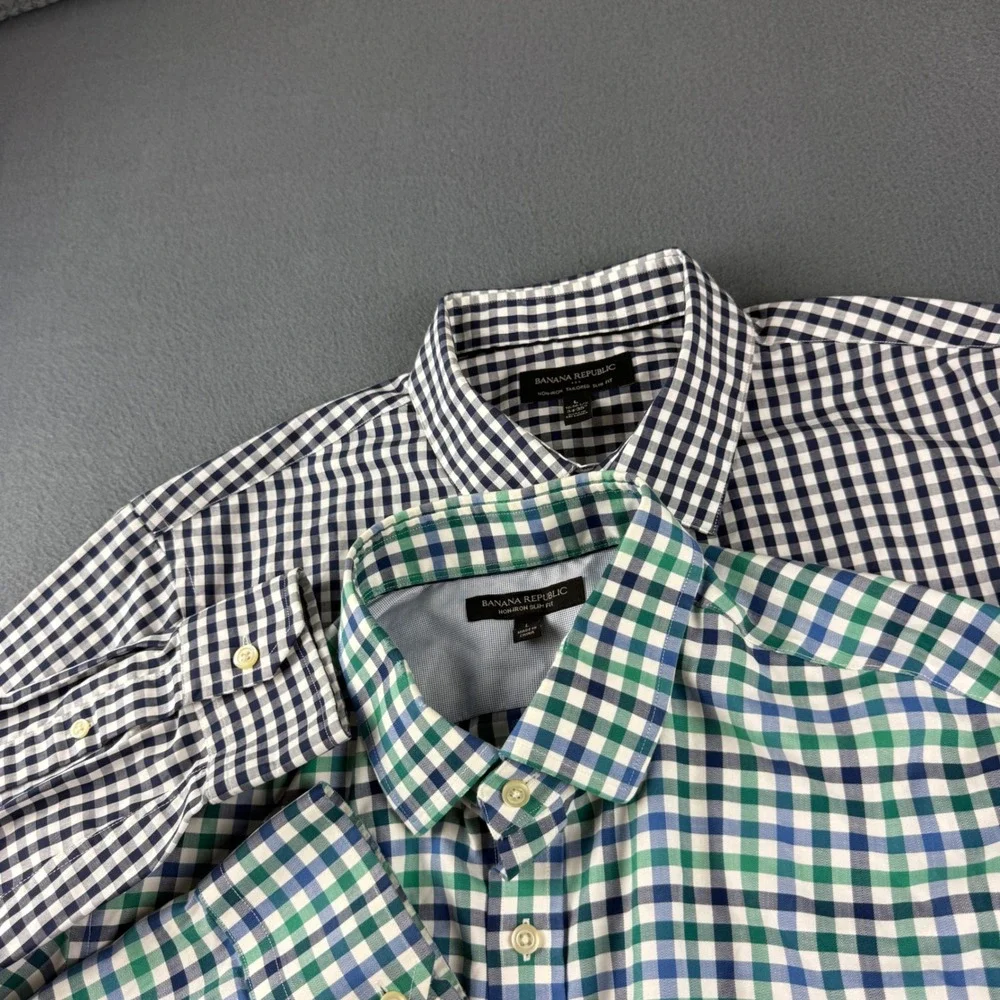 Banana Republic Shirt Mens L Blue Green Gingham Non-Iron Slim Fit Lot of 2 Dress